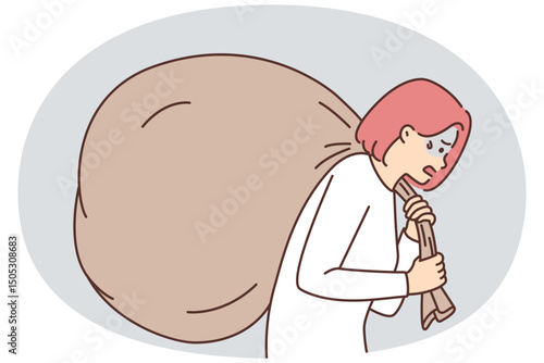 Tired girl with big bag behind back suffers due to overestimation of own strength