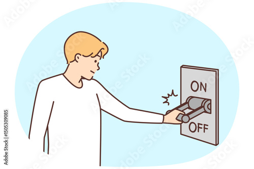 Man uses breaker to turn off electricity or stop internet connection