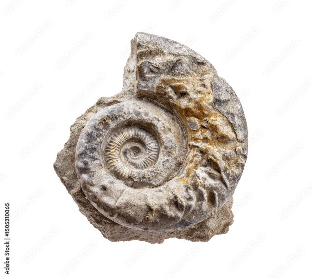 Fossil of a spiral ammonite showcasing intricate patterns and textures on a transparent background, cut out Fossil of a spiral ammonite showcasing intricate patterns and textures on a transparent background, cut out