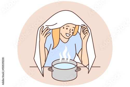 Woman sits over pot hot water covering head with towel to get rid cold or runny nose