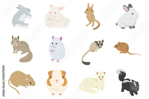Whimsical Small Mammal Collection: Adorable Rabbits, Sugar Gliders, and Skunks in Flat Pastel Designs for Kids’ Decor