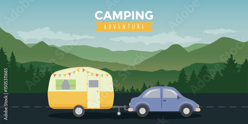 camping adventure car with caravan in nature landscape vector illustration