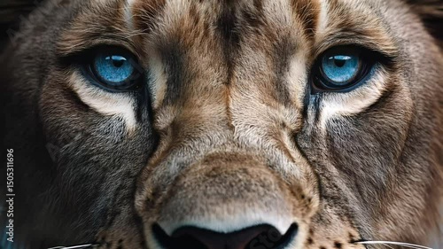 Detailed close-up of lion face with intense blue eyes in shadow