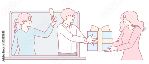A colorful illustration of a lively gift exchange among friends, highlighting modern connections across distances