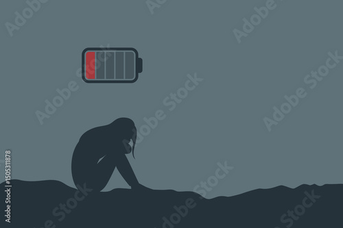 depressed girl with empty battery burnout concept vector illustration