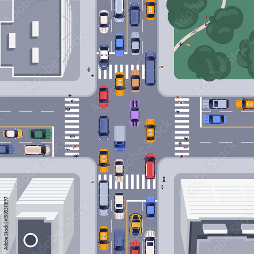 City intersection, top view. Busy crossroad with cars, auto transport, vehicles, trucks, taxi and pedestrians, crossing crosswalks from above, overhead. Urban traffic flow. Flat vector illustration.