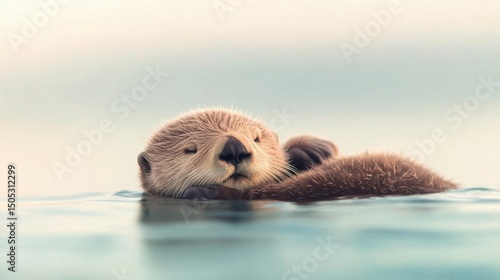 Cute otter floats calmly on its back. Animal relaxes in the ocean water. Calm and serene wildlife scene in nature.