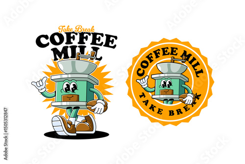 coffee mill barista equipment retro cartoon character mascot illustration with walking pose and showing peace hand for coffee shop, cafes, beverage, roastery, restaurant club mascots and merchandise