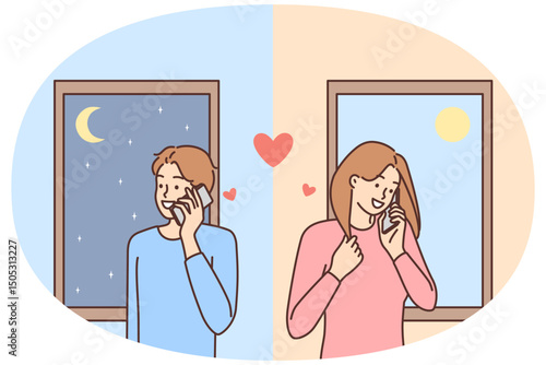 Man and woman in love are flirting on phone in different countries during trip