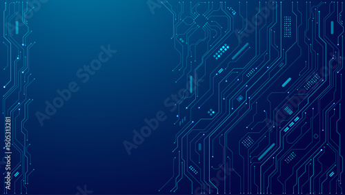 Abstract technology blue circuit board texture or pattern. Web background design with text. Futuristic blue circuit board on tech bg. AI innovation concept. Light blue connected dots and lines. Vector