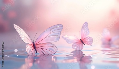 Banner with shimmering, pastel butterflies flutter over gently rippling water, reflecting light and creating a calming, ethereal scene with soft pastel background.