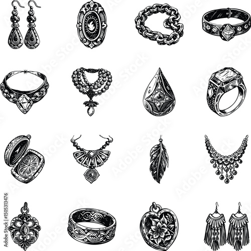 Set of Vintage Style Jewellery Art Illustrations 

