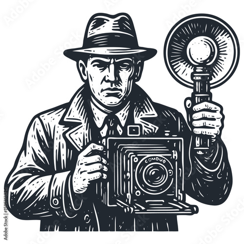Vintage vector: man in fedora and trench coat holds an old camera with flash. Classic press photographer or detective. Engraving style, B&W. Isolated.