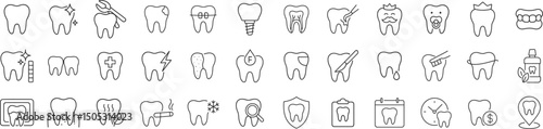 Medical dental care line icon set. Vector pictograms of braces, implants, cavities, toothbrush, hygiene, gum, mouthwash, whitening treatments, tooth crown and root, thin linear illustration.