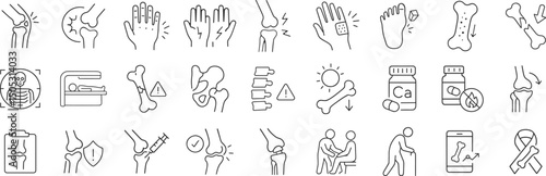 Medical line icon set. Vector pictograms of arthritis, osteoporosis, pain, injury, inflammation, injection, diagnosis, prevention, healthcare, calcium supplement, skeleton, thin linear illustration.