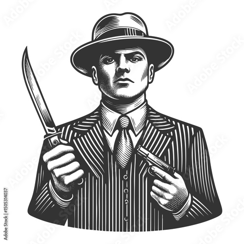 stern gangster in a pinstripe suit and fedora, holding a switchblade and a pistol sketch engraving generative ai fictional character vector illustration. Scratch board imitation. Black and white.