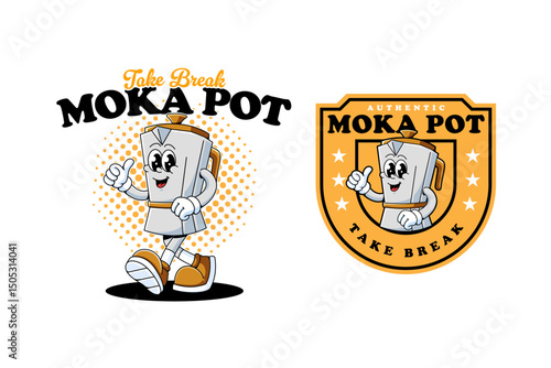 stovetop of mocha pot coffee maker retro cartoon character mascot illustration with walking pose and showing thumb up hand for coffee shop, cafes, beverage, barista, restaurant mascots and merchandise
