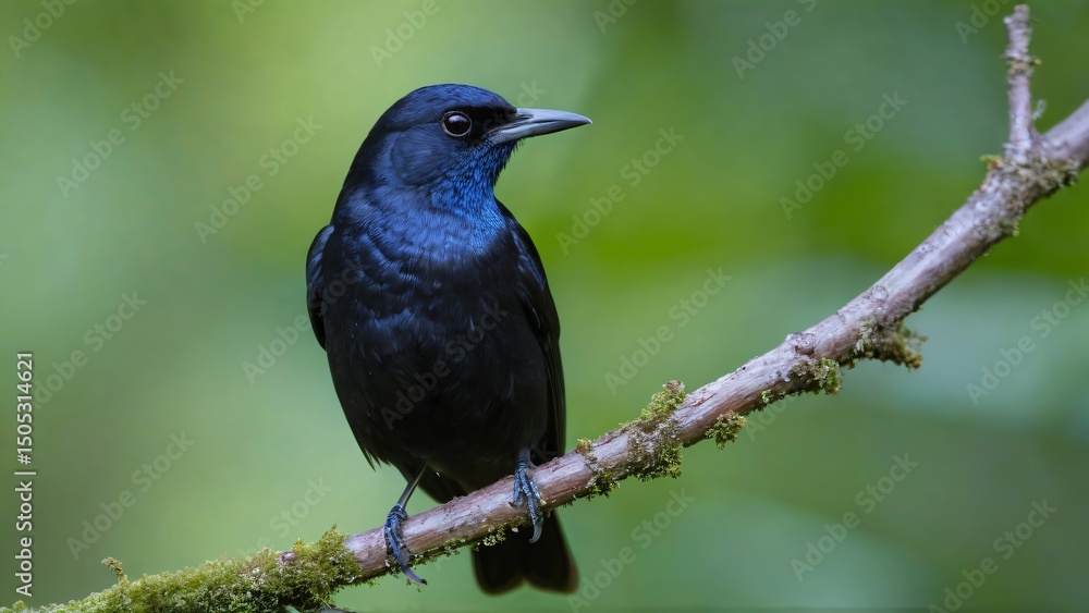 Obraz premium Close-Up of a Blackbird Holding an Insect While Perched on Conifer Branch, The vibrant green background complements the bird's dark plumage, creating a serene and natural composition.