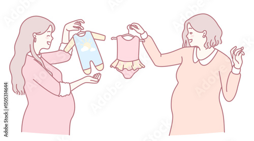 Two expectant mothers joyfully sharing and comparing adorable baby clothes in delightful pastel colors