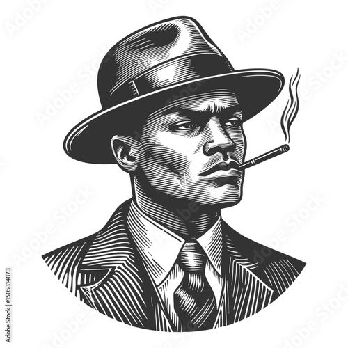 serious man in a fedora and sunglasses, confidently smoking a cigar like a mob boss sketch engraving generative ai fictional character vector illustration. Scratch board imitation. Black and white.