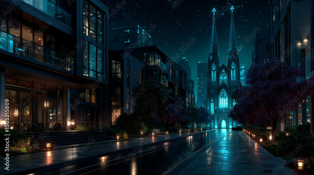 City street with sidewalk, park and buildings behind fence at night. Vector parallax background for 2d animation with cartoon of summer landscape with road, street lights, trees, bushes and town City street with sidewalk, park and buildings behind fence at night. Vector parallax background for 2d animation with cartoon of summer landscape with road, street lights, trees, bushes and town