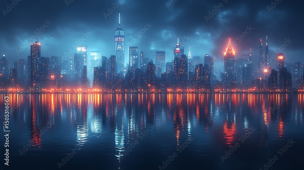 Stunning nighttime skyline of new york city reflecting in calm waters high resolution image Stunning nighttime skyline of new york city reflecting in calm waters high resolution image
