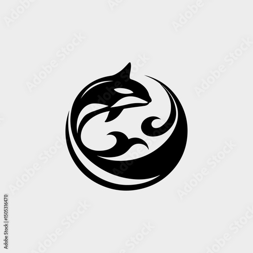 Fluid circular surf logo combining whale silhouette with crashing wave for extreme water sports branding