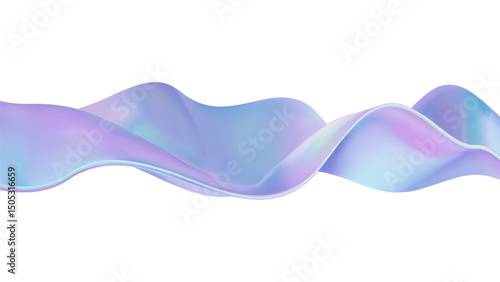 3D Iridescent abstract wave liquid background with glass ribbon fluid shapes. Blue gradient holographic elements create iridescent flow and soft texture. Smooth flowing design on white background