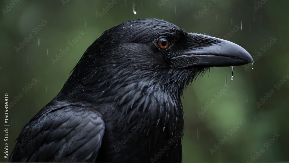 Fototapeta premium Close-Up Portrait of a Raven in Rain with Droplets on Feathers, capturing the mystique of this intelligent bird amidst a serene natural background.
