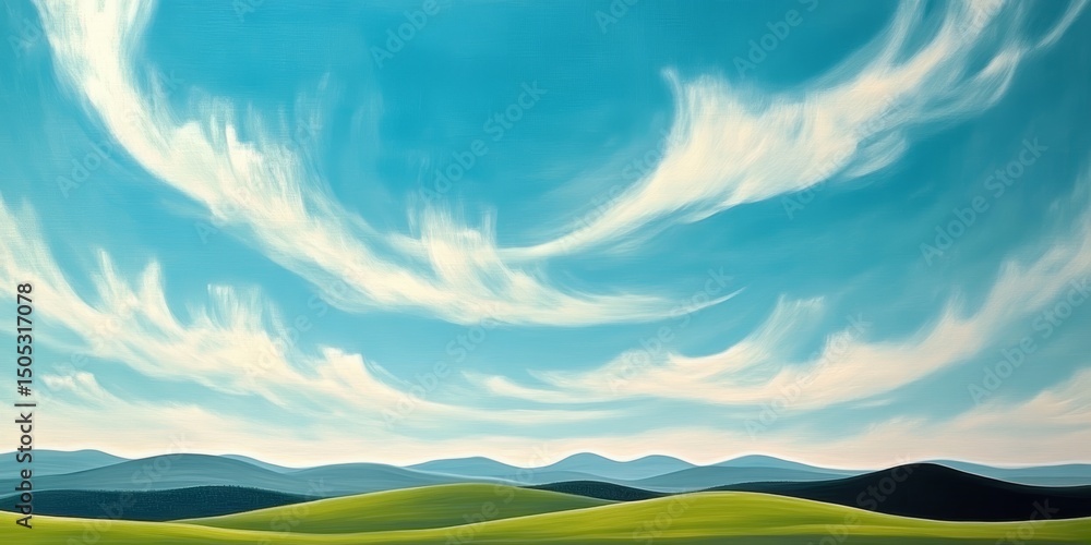 Obraz premium Serene Tranquility Rolling Green Hills Meet Azure Sky Adorned with Fluffy Cumulus Clouds