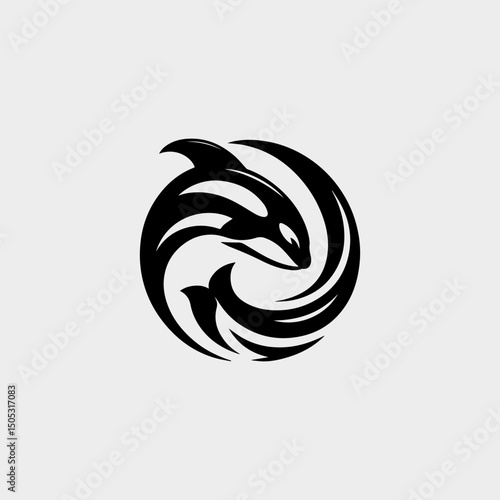 Bold whale and surf wave fusion in circular emblem symbolizing power and fluidity of ocean sports