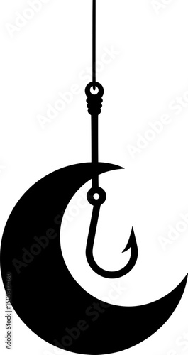 Black silhouette of a crescent moon on a fishing hook, surreal dreamlike lure design for minimalistic art and decor
