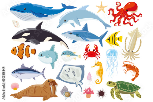 Whimsical Marine Life: Playful Cartoon Sea Animals in Vibrant Hues for Kids’ Wall Art & Educational Decor
