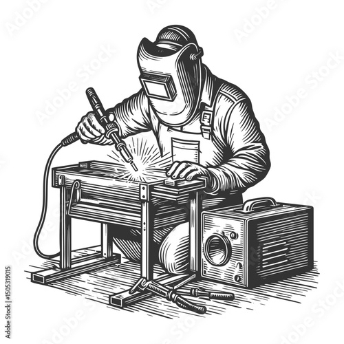 welder wearing a protective helmet and apron, skillfully using a welding torch with sparks flying sketch engraving generative ai vector illustration. Scratch board imitation. Black and white image.