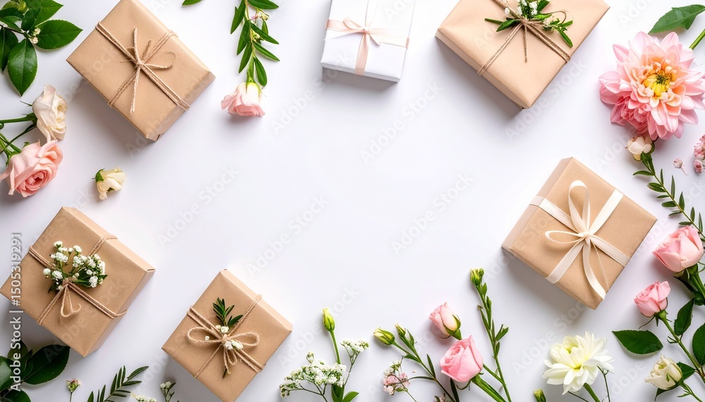 Festive flower composition on white background. Overhead view Festive flower composition on white background. Overhead view