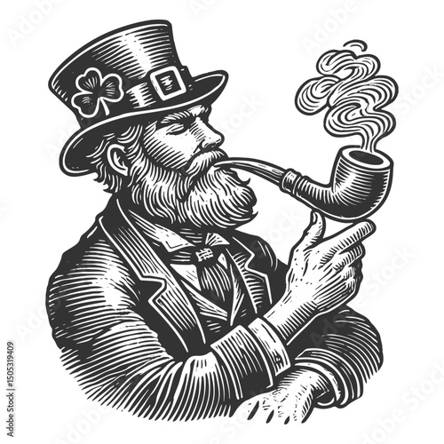 leprechaun smoking a pipe with swirling smoke, evoking Irish folklore and tradition sketch engraving generative ai vector illustration. Scratch board imitation. Black and white image.