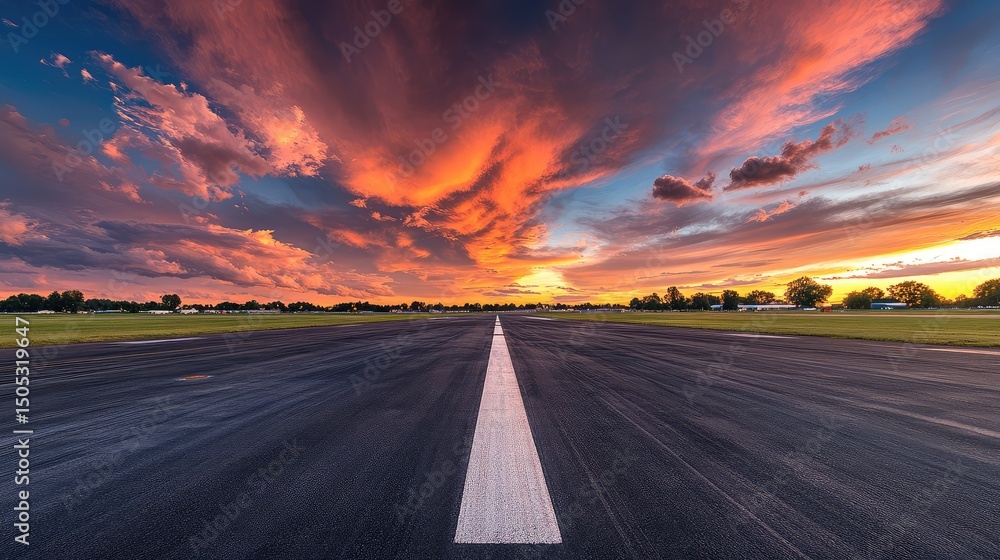 Naklejka premium Straight asphalt ramp beneath golden hour clouds glowing in orange and peach