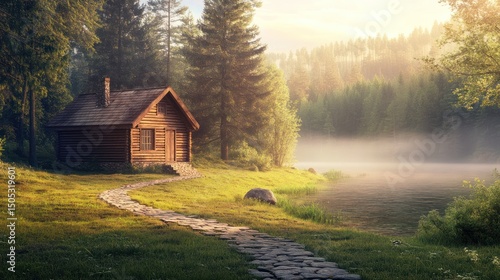 Serene sunrise over misty lake, stone path leading to cozy cabin nestled in tranquil forest