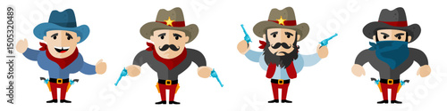 Set of cute cartoon cowboy with guns and hat – vector illustration