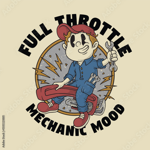 retro cartoon emblem of mechanic mascot riding pipe wrench