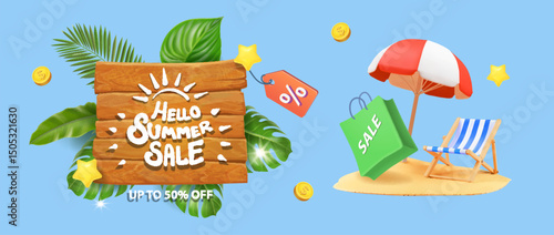 Summer sale, three wooden desk, palm leaves, pile of sand, beach umbrella, beach chair and shopping bag, banner design, Vacation holiday scene with discount poster 3d vector