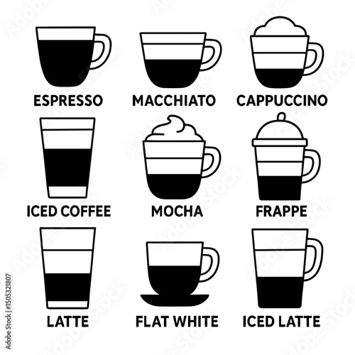 Coffee cup icons in black line style representing beverage varieties  