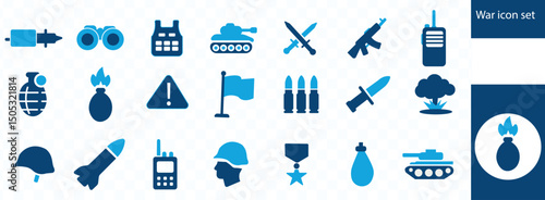 War icon set . battle, weapon, conflict, missile, bomb, combat, army, tank, medal, veteran, victory, defeat, explosion and soldier symbol