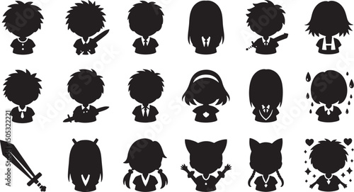 Black silhouette illustrations of various characters and emotive expressions in a simple style
