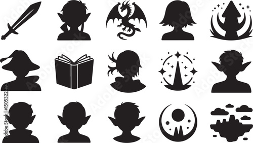 Black silhouettes of fantasy characters and symbols for design and illustration purposes