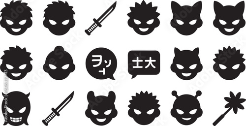 Collection of black silhouette comic style heads faces with knife and japanese speech bubbles