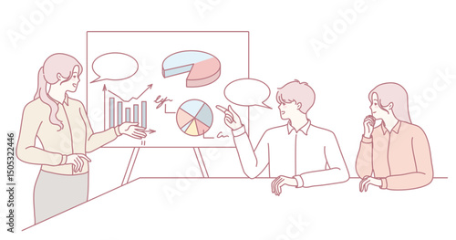 A dedicated team engages in a collaborative presentation, discussing various data visualizations and insights together