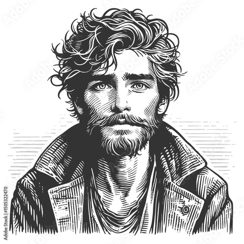 young homeless man with messy hair and a beard, wearing a worn coat and looking solemnly ahead sketch engraving generative ai vector illustration. Scratch board imitation. Black and white image.