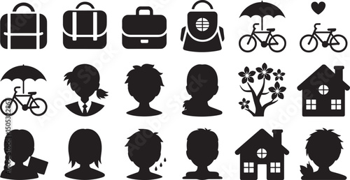 Collection of simple black and white silhouette icons representing everyday objects and people