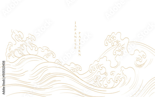 Gold brush stroke texture with Japanese chinses cloud pattern in vintage style. Abstract art landscape banner design